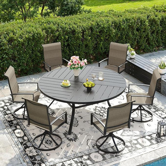 DIFY 7 Piece Outdoor Dining Set, Metal Patio Table and Chairs Set, 53.1" Black Round Dining Table & 6 Brown Padded Textilene Swivel Patio Chairs, Outdoor Furniture Set for Garden Backyard Porch