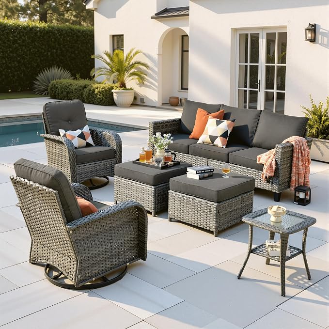 ovios 6 Pieces Patio Furniture Set, Outdoor Wicker Sofa Couch with Swivel Glider Chairs Comfy Cushions, Modern Deep Seat Rattan Conversation Sets for Deck Porch, Black