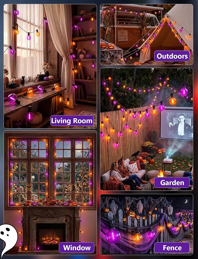 25FT G40 LED Outdoor Halloween String Lights, Orange and Purple Halloween Decorations Lights with 27 Shatterproof Globe Bulbs(2 Spare), Hanging Patio Lights for Holiday Balcony Backyard Party Garden