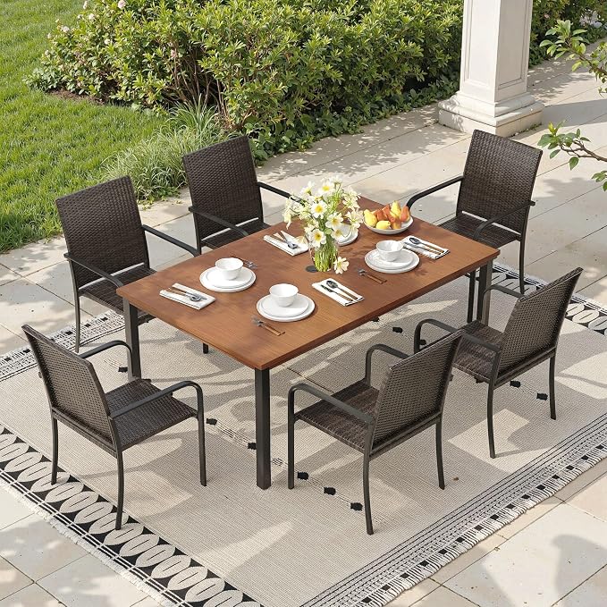 Outdoor Dining Set for 6, 63" Metal Rectangular Outdoor Dining Table with Umbrella Hole and Wicker Stackable Patio Chairs, 7 Pieces Patio Table and Chairs Set for Garden Backyard, Walnut
