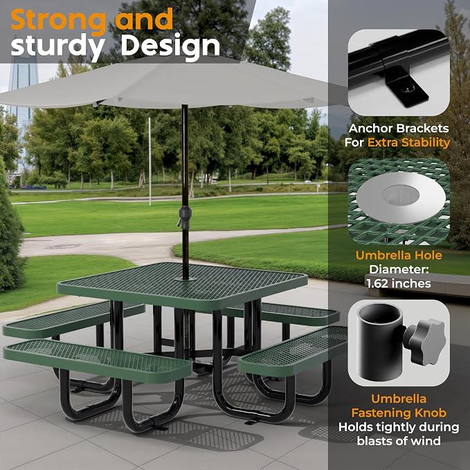 Square Metal Picnic Tables for Kids for Outdoors with Umbrella Hole, Adjustable Seats for School, Park, Playground (Green, 38 in, Kids, Square)