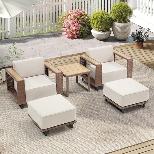 Bonzy Home 4 Piece Patio Furniture Set, Wicker Lounge Chairs Set of 2 with Rattan Side Table and 2 Ottoman, Outdoor Patio Furniture with Extra-Thick Soft Cushions for Porch, Balcony