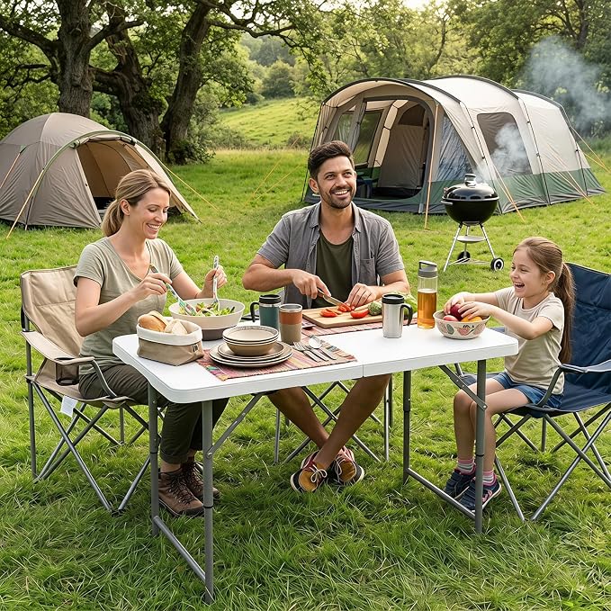 Goplus 4 FT Portable Camping Table, Adjustable Fold-in-Half Table with HDPE Tabletop & Metal Legs, Patio Folding Dining Table with Safety Lock & Carrying Handle for Party, Picnic & Fishing