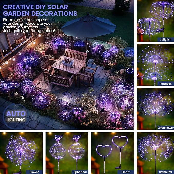 GIGALUMI 4 Pack Solar Firework Lights Outdoor, Halloween Decor, Purple | 120 LEDs, Fairy Design, Waterproof, Garden Decor, Solar Powered for Yard, Pathway, Flowerbed, Planter, Balcony, Gifts for Mom