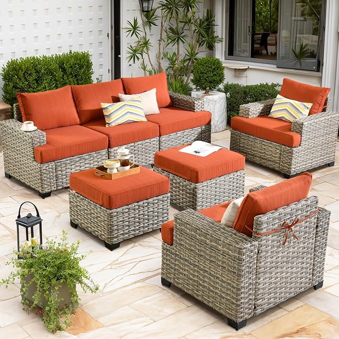 CAODOC Patio Furniture Sets 7 Pieces Outdoor Sectional Rattan Sofa Manual Weaving Wicker Patio Conversation Set with Ottomans and T Cushion(Red)