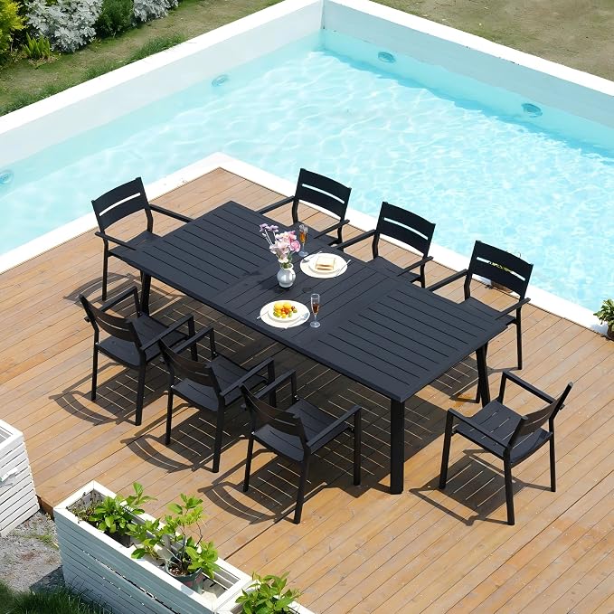 Pellebant Aluminum Outdoor Patio Dining Table for 6-8, Weather-Resistant Sturdy Frame and 83" Rectangle Top with Umbrella Hole for Deck, Porch, Backyard