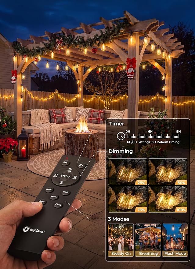 Brightown 76FT Solar String Lights Outdoor Waterproof, 26Hrs Runtime | 23+1 LED Bulbs, USB & Solar Powered, Remote Control & Dimmable Timer, Ideal for Backyard, Garden, Camping & Party Decor
