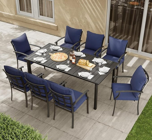 HAPPATIO 9-Piece Patio Dining Set, Outdoor Dining Set with Powder-Coated Metal,Dining Table with Umbrella Hole, 8 Stackable Chairs with Removable Cushions for Porch Poolside Garden,Navy Blue
