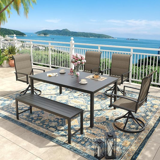 6 Pieces Outdoor Dining Set, Patio Table and Chairs Set with 51" Garden Bench for 6-7 People, 63" Outdoor Dining Table and Padded Swivel Patio Chairs for Deck Backyard, Mixed Brown and Black