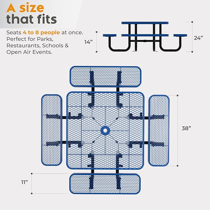 Square Metal Picnic Tables for Kids for Outdoors with Umbrella Hole, Adjustable Seats for School, Park, Playground (Blue, 38 in, Kids, Square)