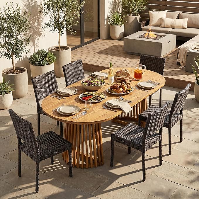 Christopher Knight Home Farley Acacia Wood Outdoor Dining Set for 6, 7 Piece Patio Dining Table and Chair Set, Faux Rattan Outdoor Dining Chair and Table Set, Teak+Brown