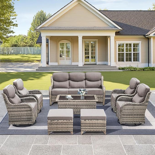 Luxury High Back Outdoor Furniture with 6-Inch Thick Cushions, Patio Furniture Set with Swivel Chairs, 8 PCS Wicker Conversation Set for Porch, Balcony, Deck and Yard