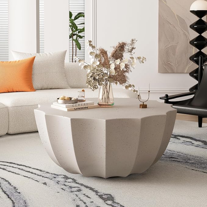 35.43" Faux Stone Coffee Table Round for Indoor or Outdoor Concrete Coffee Tables MgO Cement Center Tables for Living Room, Patio, Garden, Backyard, Balcony, Waterproof，White Bowl