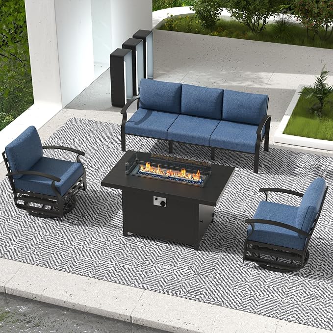 Aluminum Outdoor Patio Furniture Set,4 Pieces 5 Seats Patio Conversation Sets with 45" Propane Fire Pit Table,Metal Patio Sectional Furniture Set with 2 Swivel Rocking Chairs,Navy Blue