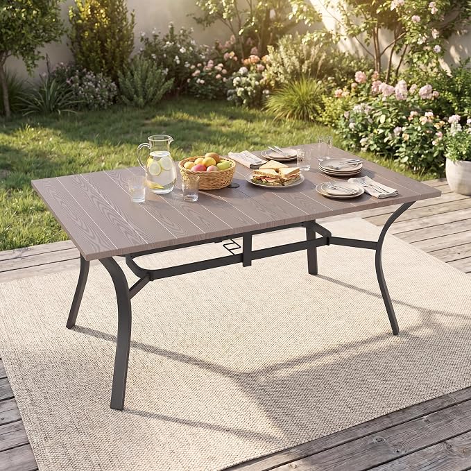 Outdoor Dining Table for 6-63" x 38" Matel Patio Table with E-Coated Finish, 1.6" Umbrella Hole for Garden, Backyard
