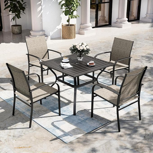 SUNSHINE VALLEY Patio Dining Set of 4, 37”Square Table with Umbrella Hole, Brown Metal Chairs x 4, Outdoor Table and Chairs for Lawn and Deck