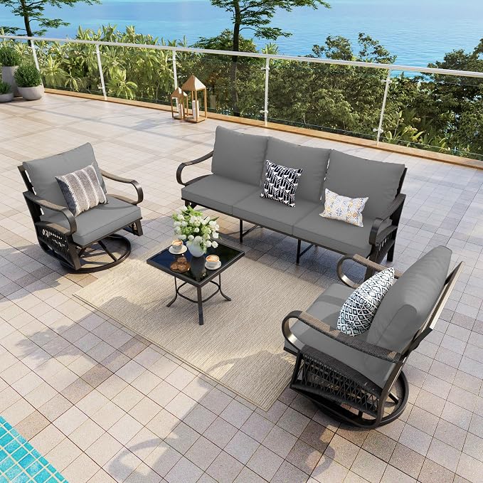 4 Pieces Outdoor Furniture Set, Patio Conversation Set with Swivel Rocking Chairs Sets and 3-Seater Couch Sofa for Deck, Porch, Garden, Backyard, Poolside (Gray Cushions)