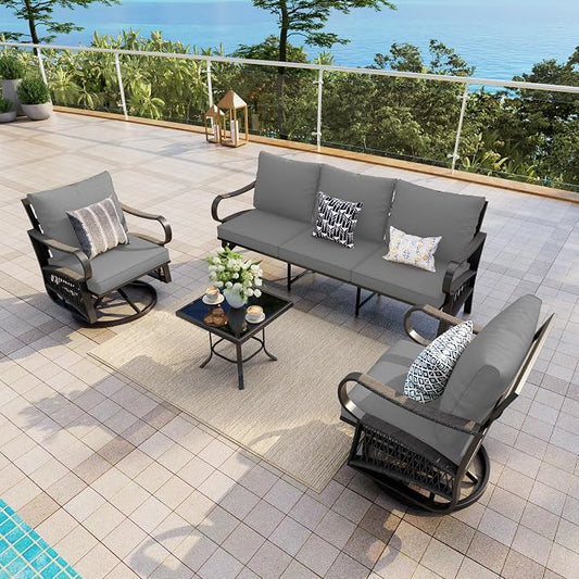 4 Pieces Outdoor Furniture Set, Patio Conversation Set with Swivel Rocking Chairs Sets and 3-Seater Couch Sofa for Deck, Porch, Garden, Backyard, Poolside (Gray Cushions)