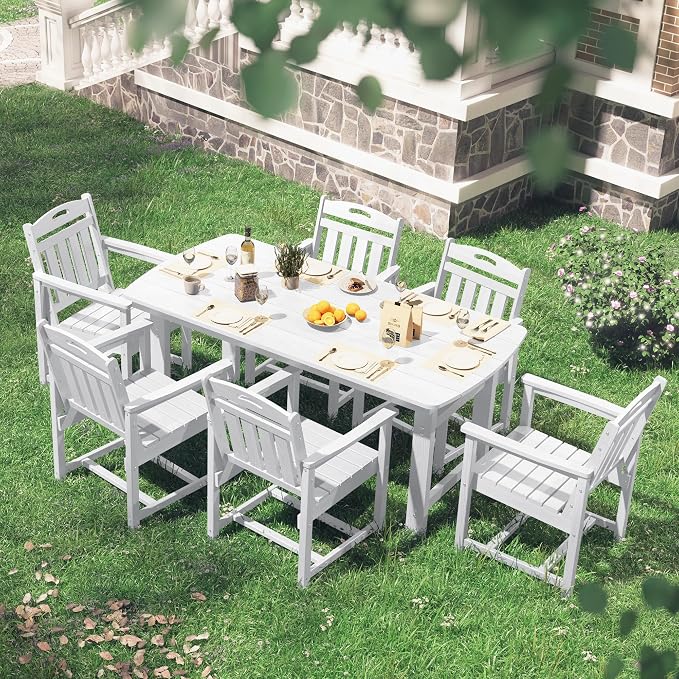 HDPE Outdoor Dining Set, Patio Table and Chairs Set, All-Weather 7-Piece Outside Table and 6 Chairs, 2" Umbrella Hole, Outdoor Furniture for Garden, Poolside, Backyard, Deck | White