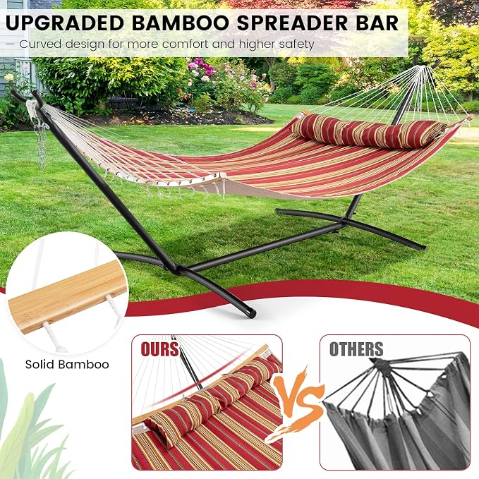 Tangkula 11FT Double Hammock, Heavy Duty Outdoor Hammock with Curved Spreader Bars, Detachable Pillow, 2 Person Hammocks for Outside, Porch, Patio (Red)