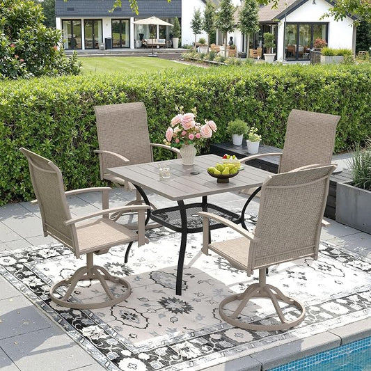 DIFY 5 Pieces Outdoor Dining Set, Metal Patio Table and Chairs Set for 4 with Umbrella Hole, 37.8" Grey Wood-Like Square Table and Sandshell Textilene Swivel Patio Chairs for Garden, Backyard, Deck
