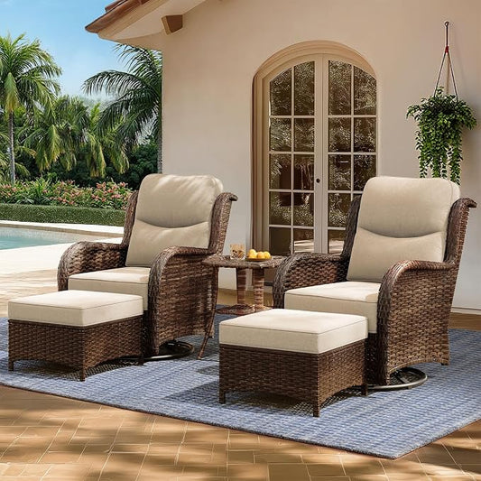 HILLGA Luxury Outdoor Patio Furniture Set with 6-Inch Thick Cushions, High Back Wicker Swivel Rocker Chairs, 5 Pcs All Weather Chairs Set for Small Porch, Deck and Sunroom, Beige (V3)
