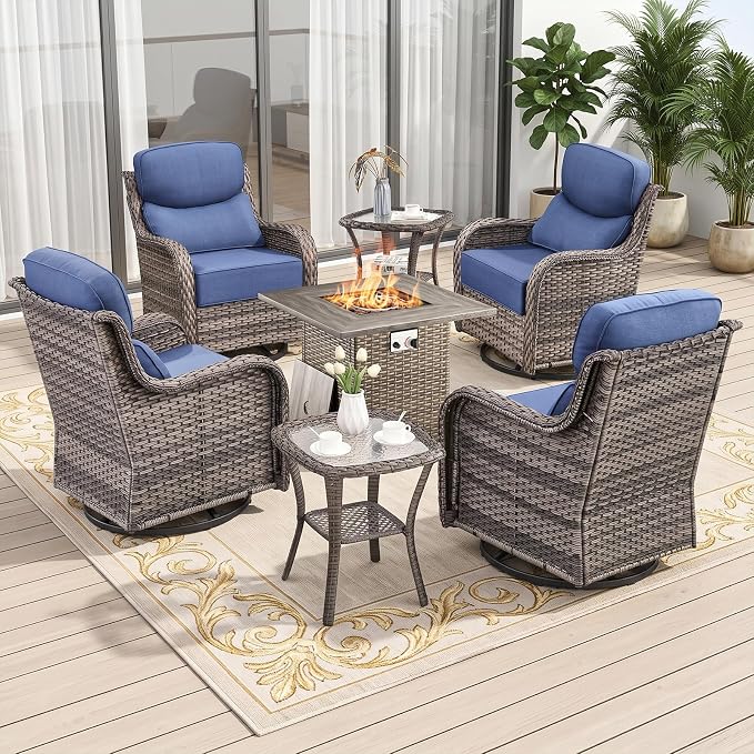 Luxury 7 Piece Wicker Patio Furniture Set with Swivel Rocker and 30“Fire Pit Table - Grey