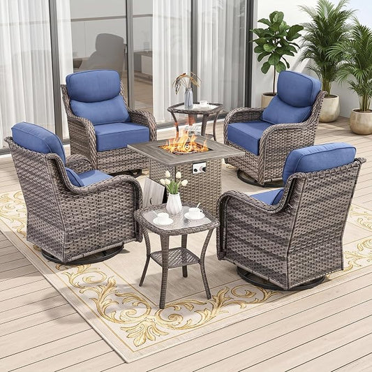 Luxury 7 Piece Wicker Patio Furniture Set with Swivel Rocker and 30“Fire Pit Table - Grey