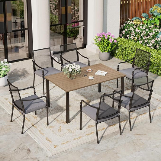 SUNSHINE VALLEY Patio Table and Chairs Set of 6, All-Weather Breathable Metal Mesh Patio Chair with Gourd-Shaped Armrests, 60x38 Wood-Like Table with Umbrella Hole, 7 Pcs Metal Frame Patio Dining Set