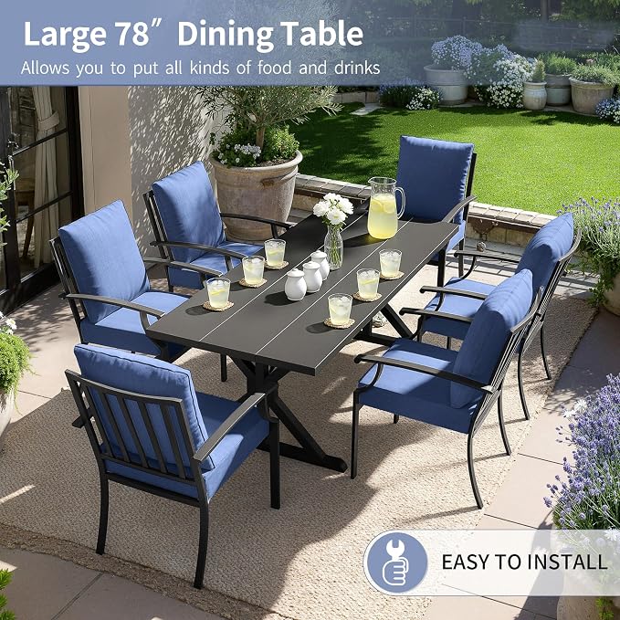 Kullavik 7 Pcs Outdoor Dining Set,Patio Dining Table and Chairs Set for 6,Fence Pattern Back Chairs with Thickened Cushions & X-Frame Metal Dining Table with Umbrella Hole for Patio,Navy Blue