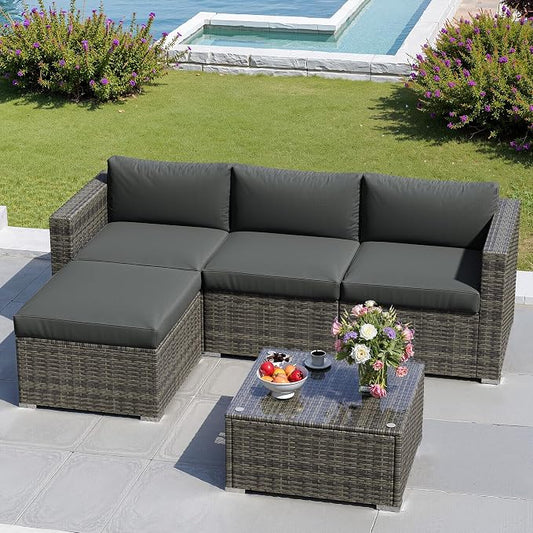 5 Pieces Outdoor Patio Furniture Set, Patio Sectional Furniture Set, All-Weather Wicker Rattan Patio Conversation Set with Washable Thick Cushions and Coffee Table, Outdoor Patio Sofa Couch Set, Grey