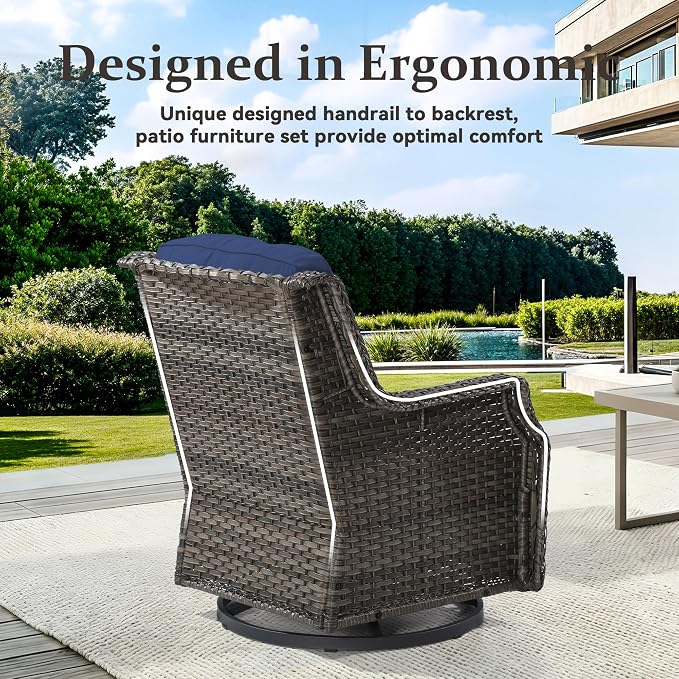 Outdoor Wicker Chairs Set of 2, Patio Swivel Rattan Chair with Wide Armrest and Thick Cushions, Ideal for Backyard, Garden, Poolside, Blue