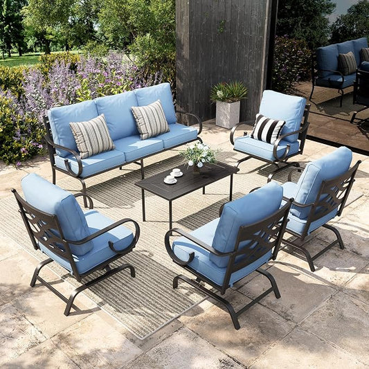 Sophia & William Patio Conversation Set for 7, 3-Seater Sofa, 4 Rocking Chairs and a Coffee Table, Metal Outdoor Furniture with 5.75" Extra Thick Cushions, Blue