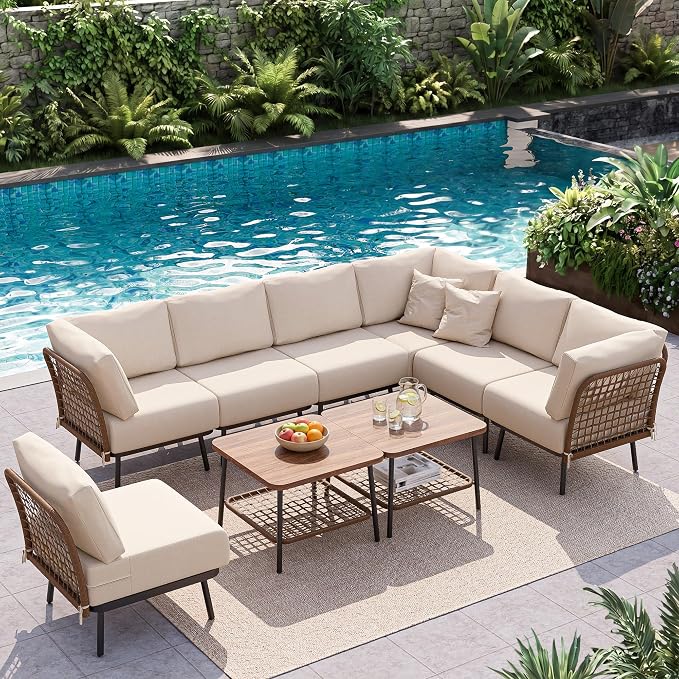 9-Piece Patio Conversation Sets, Rattan Outdoor 7-Seat Sectional Sofa, Wicker Modular Furniture with 2 Storage Coffee Tables for Backyard, Garden, Porch