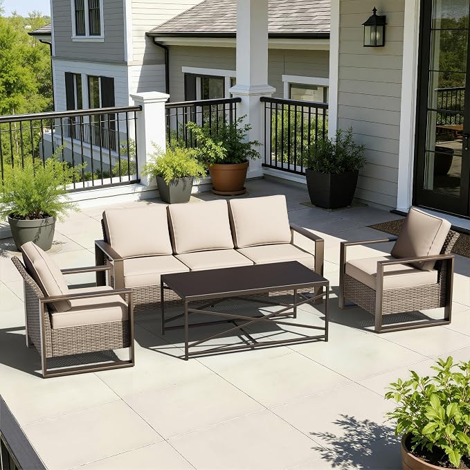4 Pieces Patio Furniture Set with Wicker 75" Sofa, Two Armchairs, One Coffee Table, All Weather Outdoor Conversation Furniture Set with Metal Armrest & Removable Cushions for Deck, Beige