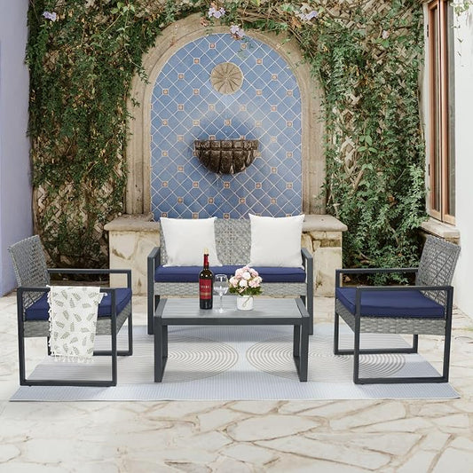 Merax 4 Pcs Patio Furniture Set, Outdoor Acacia Wood Table with 3 Chairs, All-Weather Garden Balcony Backyard Lawn Conversation Set (Blue Cushion and Light Gray Rattan)