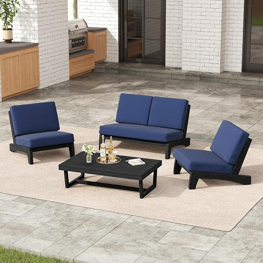 4 Pieces Patio Furniture Sets, All-Weather Outdoor Wood Bistro Set Patio Conversation Coffee Table Chiars and Patio Loveseat for Balcony, Backyard
