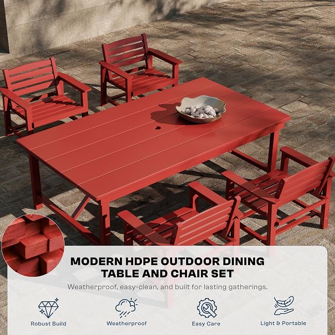 Outdoor HDPE Dining Set 5 Pieces, Patio Table with Umbrella Hole and 4 Chairs, All Weather Patio Furniture for Lawn, Garden, Backyard, Deck, Poolside, Outdoor Dining Table and Chairs, Red