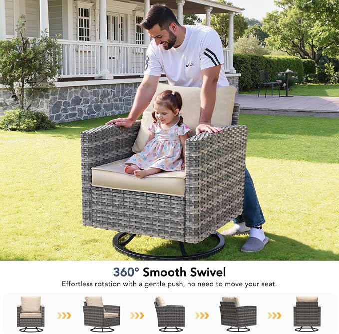 Patio Furniture Set, 6 Pcs Patio Outdoor Sectional, Wicker Outdoor Couch with Swivel Chair, Ottomans, Side Table, 4" Thick Cushion, for Garden Backyard Deck,Khaki