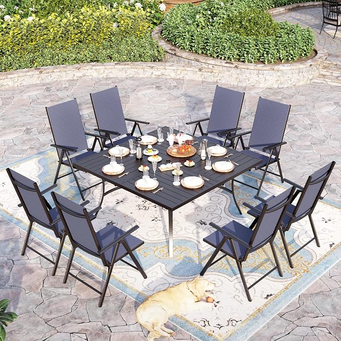 Sophia & William Patio Dining Set for 8, Metal Table & Blue Folding Chairs | Light-weight & space-saving, Breathable & quick-drying, 8 person, Umbrella Hole, Weather-Resistant, Adjustable, Outdoor