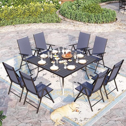 Sophia & William Patio Dining Set for 8, Metal Table & Blue Folding Chairs | Light-weight & space-saving, Breathable & quick-drying, 8 person, Umbrella Hole, Weather-Resistant, Adjustable, Outdoor