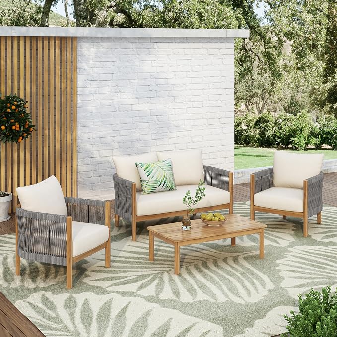 Christopher Knight Home Havets 4 Pieces Outdoor Acacia Furniture Set, Woven Rope Loveseat and Accent Club Chairs, Conversation Sets with 6" Thick Cushions for Backyard Garden Balcony, Gray+Beige