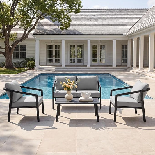 4-Piece Patio Sofa Set, Never-Rust Aluminum Patio Furniture with Thick Removable Cushions, Outdoor Conversation Set with 2 Armchairs, Loveseat & Table for Garden Deck Pool Poolside (Black)