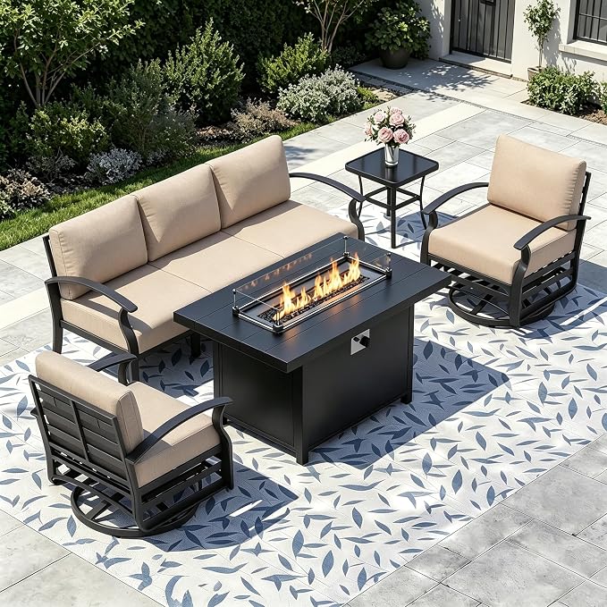 Aluminum Outdoor Patio Furniture Set,5 Pieces 5 Seats Metal Patio Sectional Furniture Set,Patio Conversation Sets with 45" Propane Fire Pit Table,Swivel Rocking Chairs Set,Sand