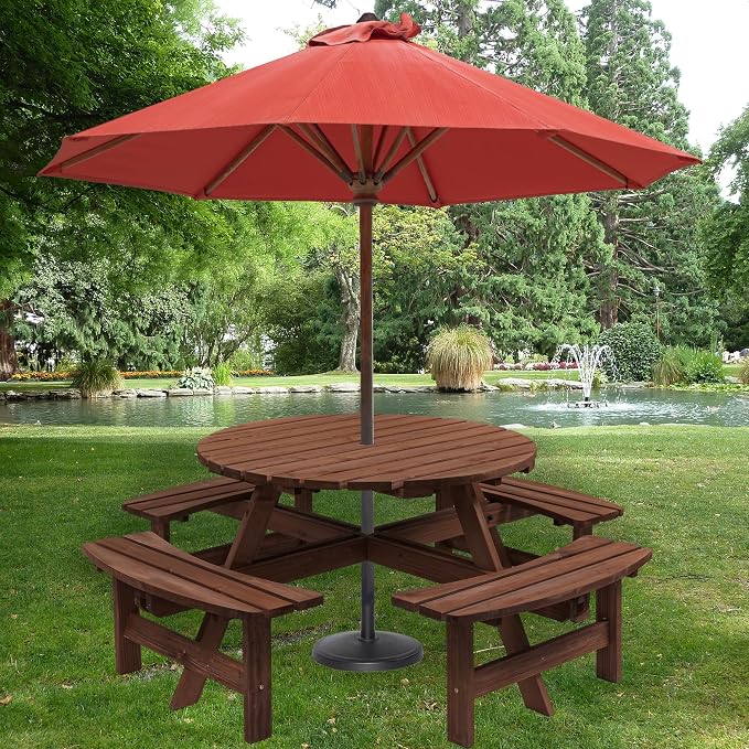 8 Person Picnic Table Round Outdoor Dining Table with Umbrella Hole,4 Built-in Benches,Wooden Outside Picnic Tables and Bench Set for Garden,Patio, Backyard,2220LBS Total Capacity,Walnut Brown