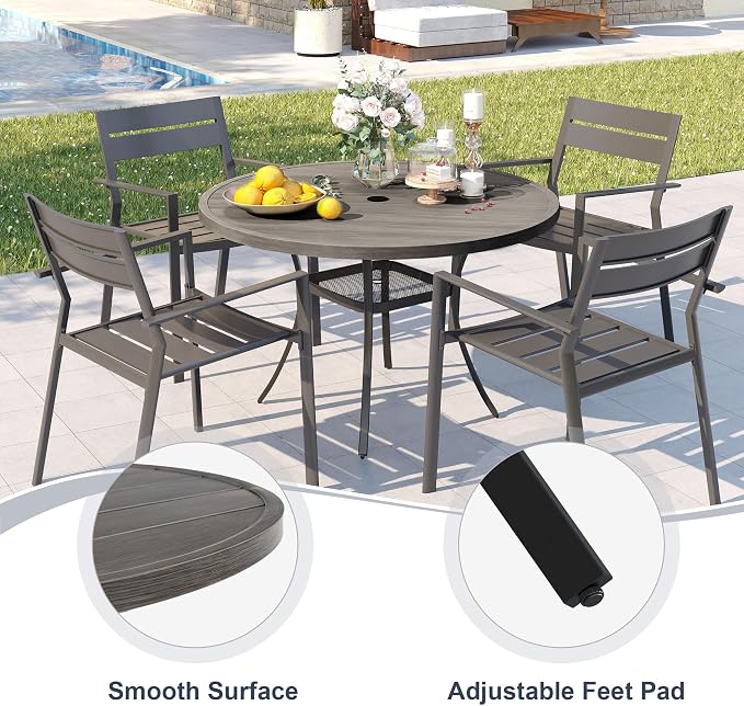 VICLLAX Patio 5 Pieces Outdoor Dining Set, Wrought Iron Metal Outdoor Table and Chairs Set, 40.6" Round Table with Umbrella Hole and 4 Stackable Chairs for Lawn, Garden, Porch, Grey/Black