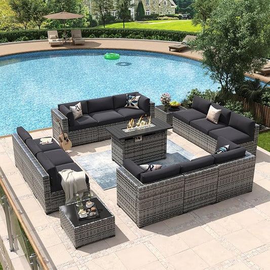 Aoxun 15 Piece Patio Furniture Set with Fire Pit Table Wicker Rattan Outdoor Sectional Sofa Set with Coffee Table and 4” Thickened Cushions, Grey/Black