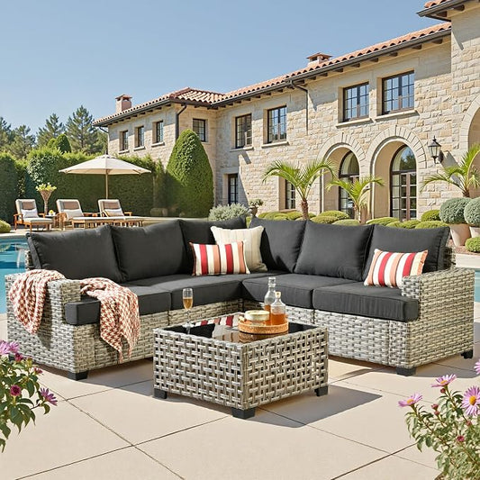 CAODOC Outdoor Sectional Patio Furniture Set,6 Pieces Wicker Conversation Sets L Shaped Couch,Outdoor Sofa Outside Furniture with Solar-Powered Coffee Table(Black)