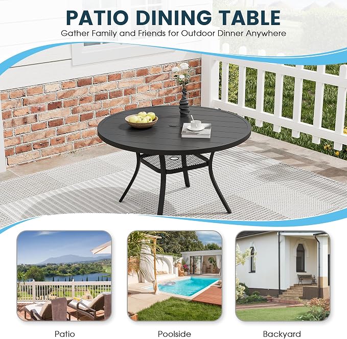 5 Pieces Patio Dining Set, 41" Round Dining Table with Umbrella Hole, 4 Stackable Textilene Fabric Chairs, Metal Structure for Patio, Porch, Garden(Black Table, Blue Chair)