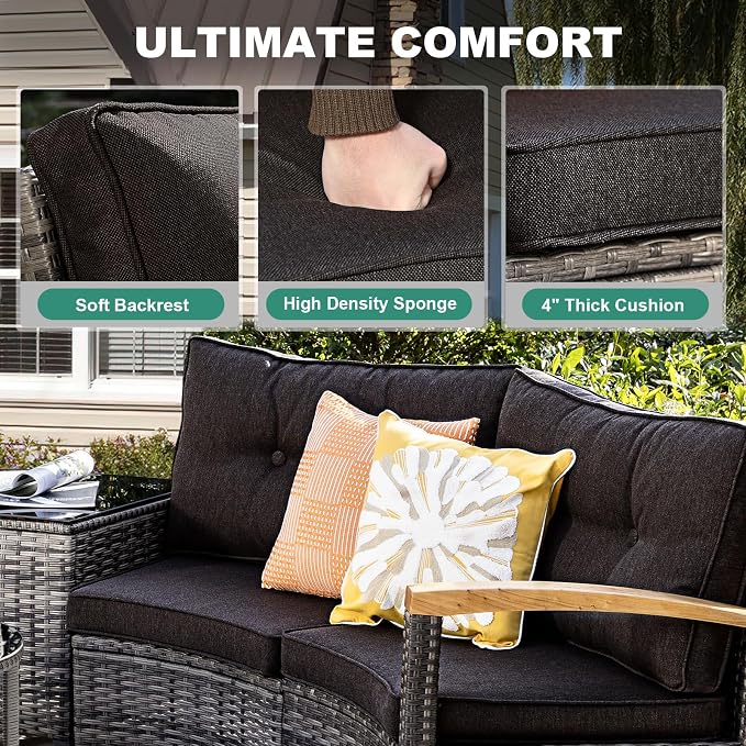 MEISSALIVVE 11-Piece Half-Moon Curved Outdoor Patio Furniture Set, Sectional Conversation Sofa with Wood Armrests, Round Coffee Table for Backyard Deck Garden, Black